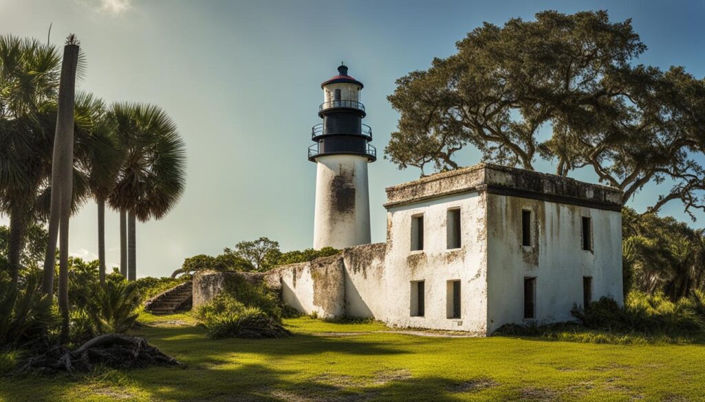 Historic ruins of Fort Dade and the 1850s lighthouse at Egmont Key State Park