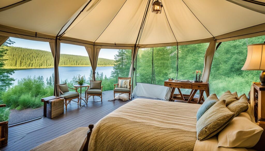 Canvas tent with lake views