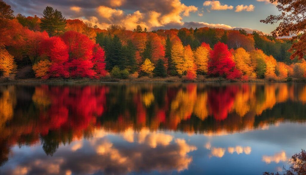 Fall colors reflecting on the tranquil waters of the Chain of Lakes