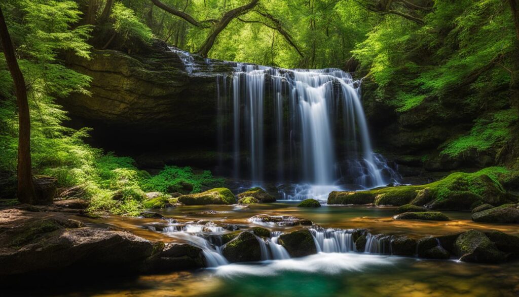 cascading waterfall at Indian Springs State Park